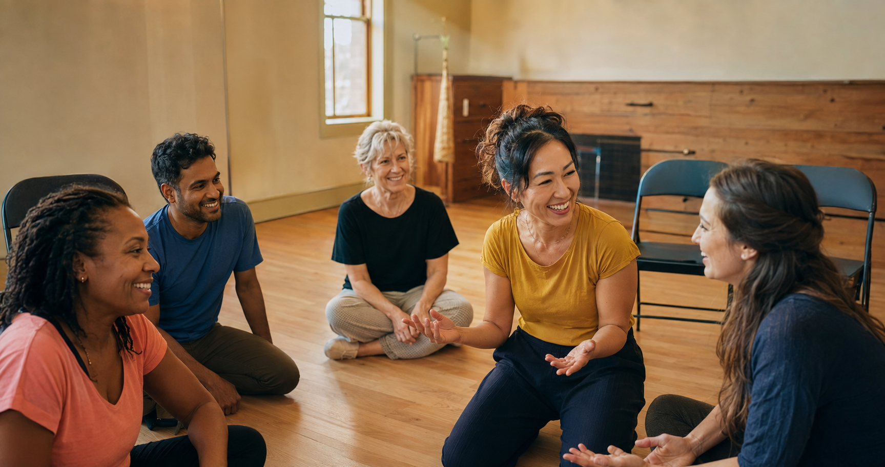 A smiling woman seated with a workshop group, sharing an idea with open hands